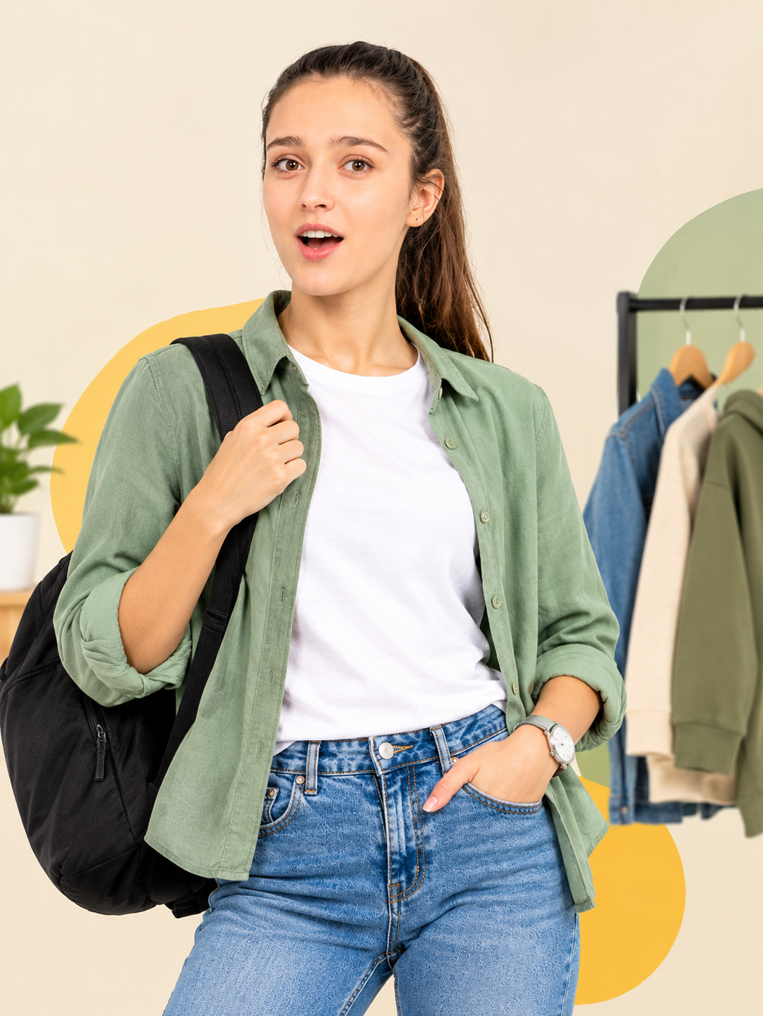 Woman Wearing A Casual Shirt, White T-Shirt And Blue Jeans