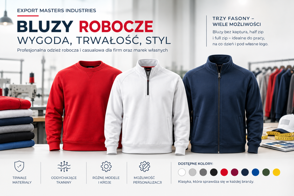 Trzy fasony bluz roboczych i casualowych – round neck, half zip i full zip