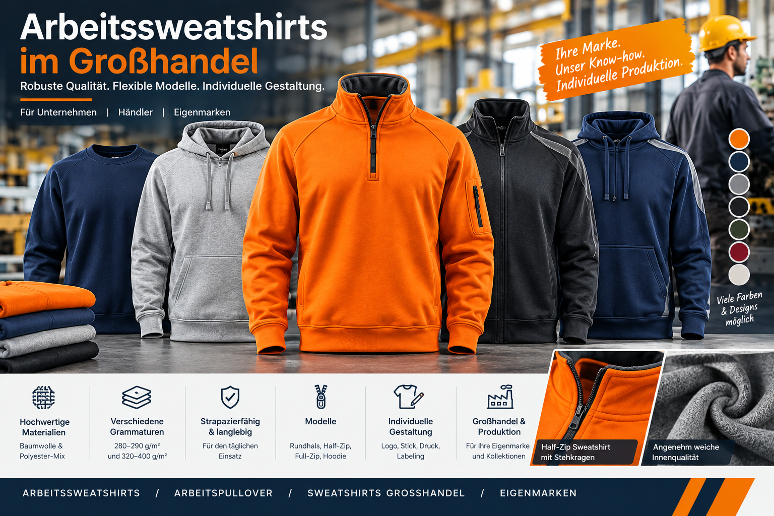 Orange Arbeitssweatshirts Mit Half-Zip, Rundhals Und Kapuze Für Den Großhandel, Darunter Modelle Mit 280–290 Gsm Und Schwereren Stoffen.export Masters Industries