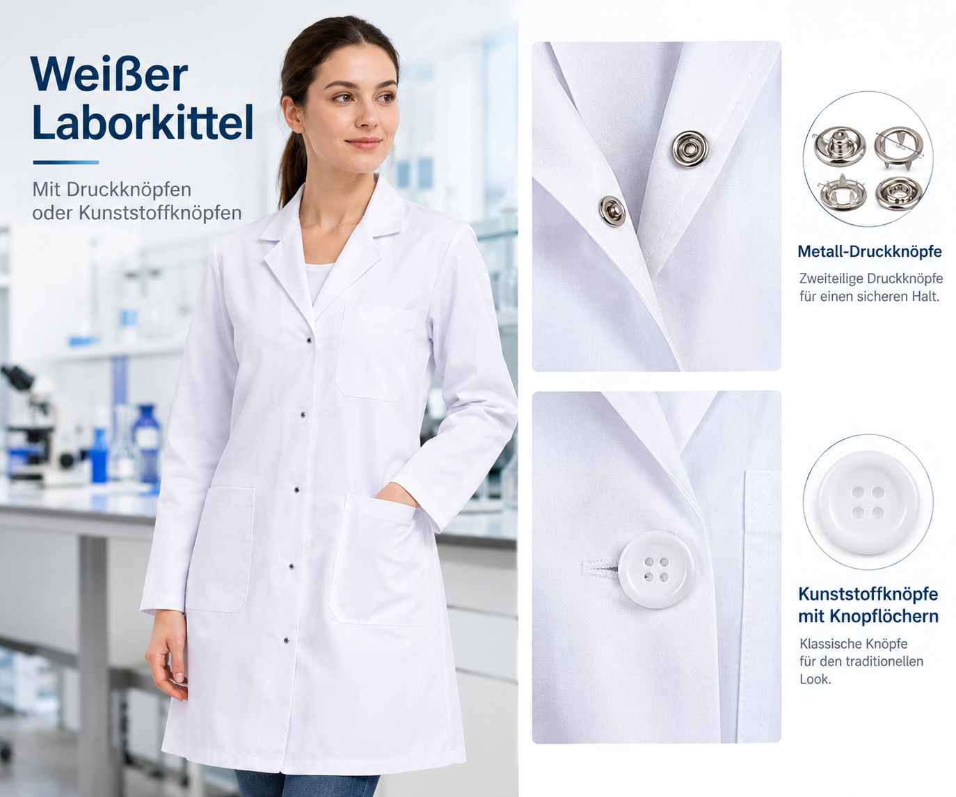 Weißer Laborkittel Mit Metall-Druckknöpfen Und Kunststoffknöpfen