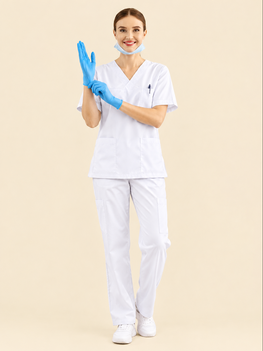 Nurse Wearing White Medical Scrubs And Gloves Export Masters
