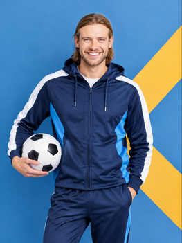 Man Wearing A Navy Blue Sports Tracksuit And Holding A Football