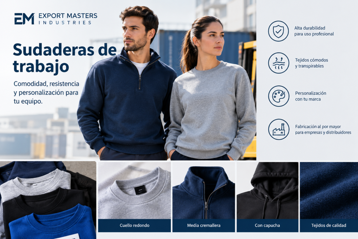 Sudaderas de trabajo en azul marino y gris, modelos de cuello redondo y media cremallera para empresas